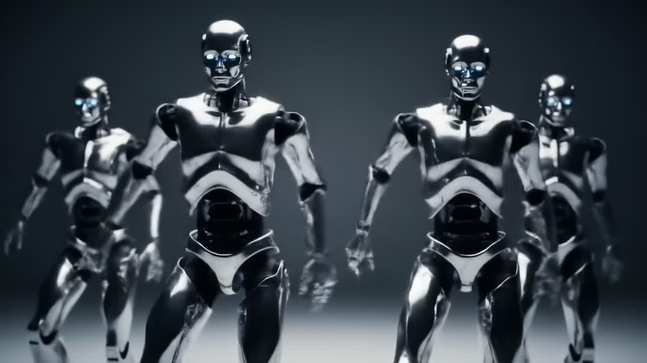 Intricate Performance of Futuristic Robots Engaging in a Choreographed Dance Routine, Showcasing Advanced Robotics and Synchronization in Motion