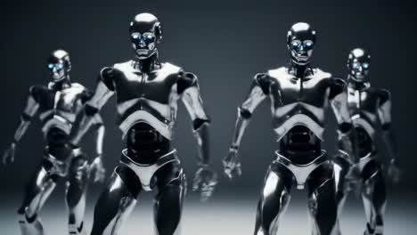 intricate performance of futuristic robots engaging in a choreographed dance routine, showcasing advanced robotics and synchronization in motion