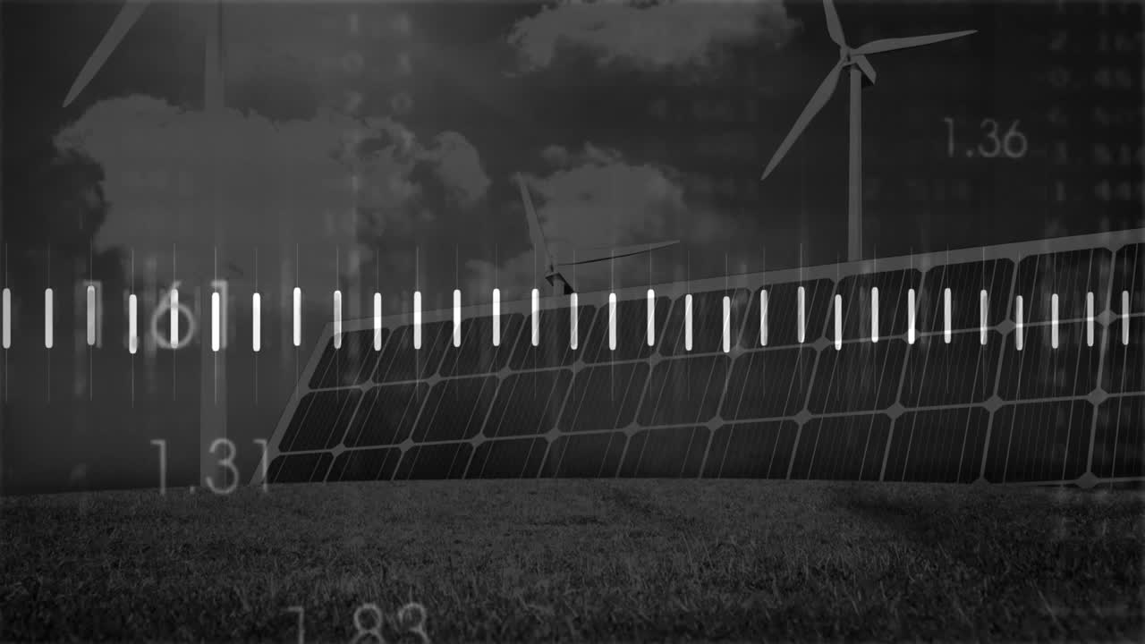 Solar panels and wind turbines being animated in grassy field, with digital overlay bars and labels
