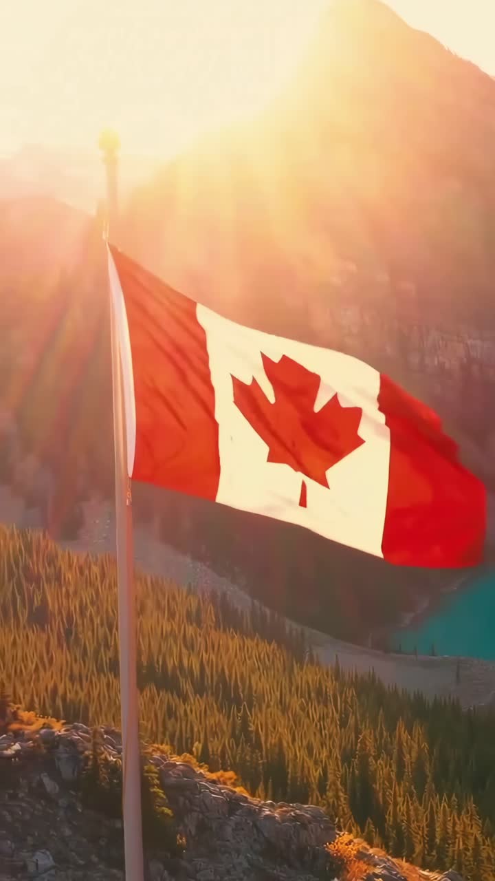 Video aereo di una bandiera canadese che sventola su un sereno paesaggio lacustre e montano al tramonto.
