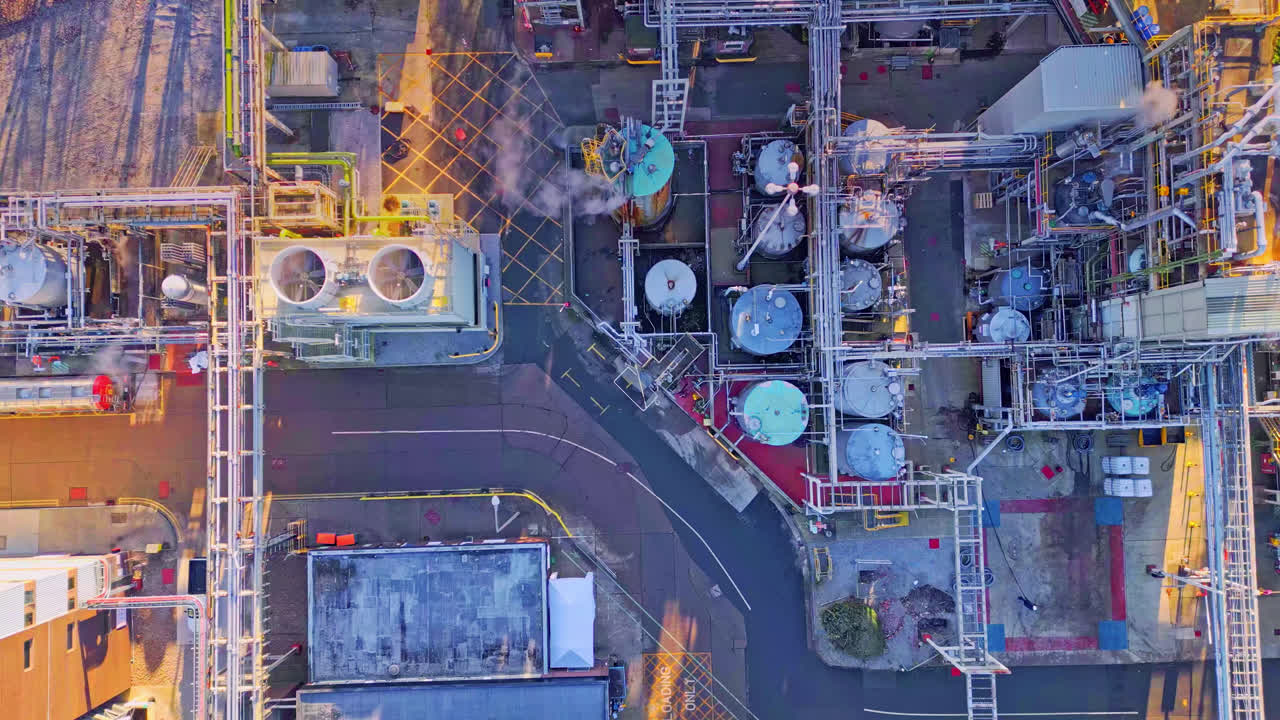 Aerial footage moving towards a large industrial chemical plant, showing pipelines, metal structures, cooling towers and chemical storage