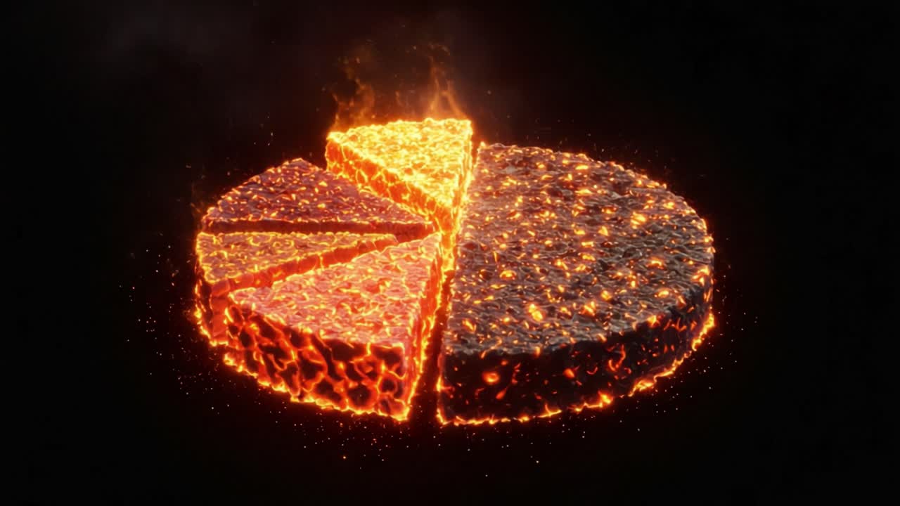 A stunning visual representation of a molten pie chart made of lava, showcasing fiery segments and intense heat, perfect for depicting geological or scientific concepts