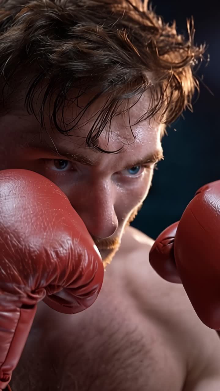 Boxeador intenso preparándose para una pelea, capturado en dos tomas, mostrando emoción y determinación en el ring bajo una iluminación dramática y expresión concentrada.