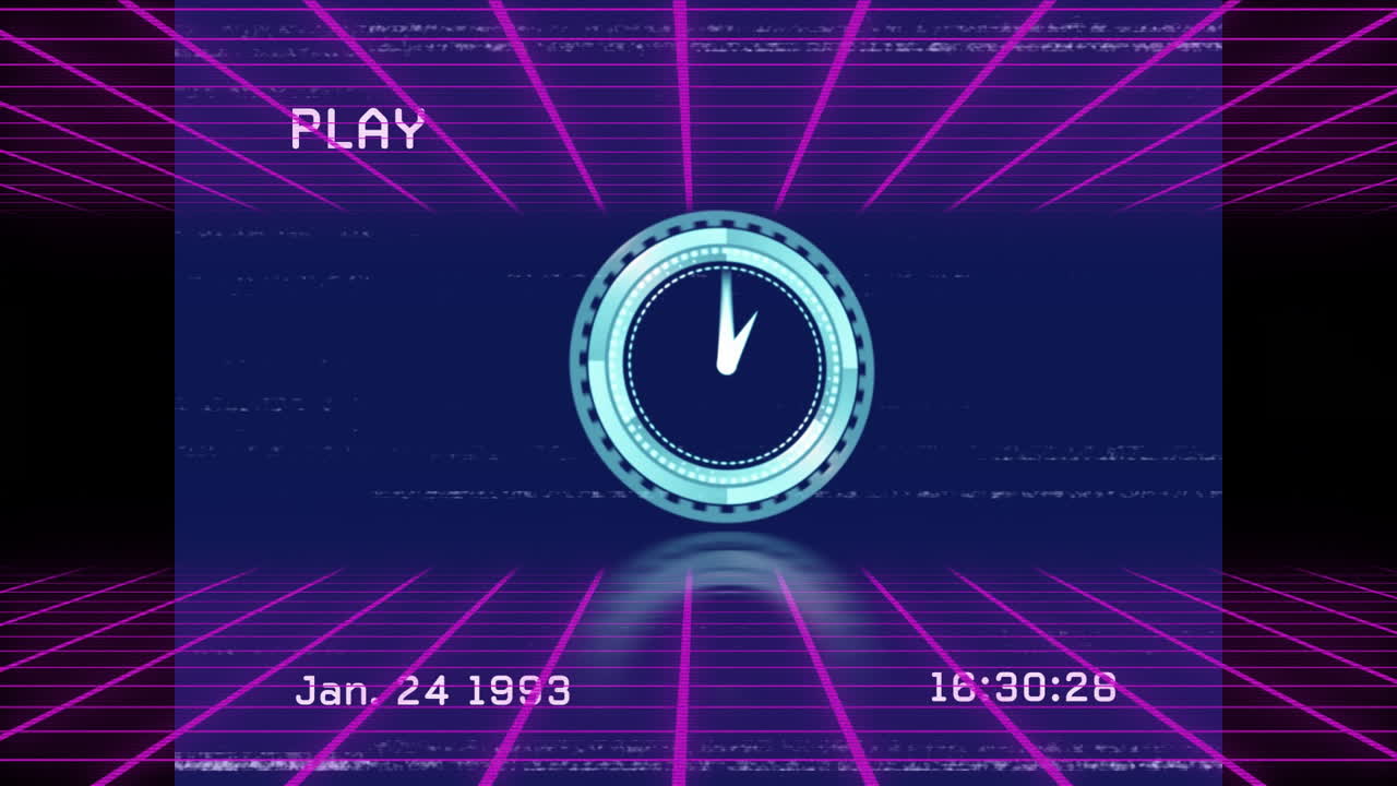 Retro digital clock animation with neon grid and VHS-style overlay
