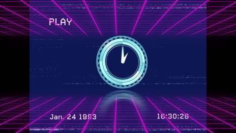 retro digital clock animation with neon grid and vhs-style overlay