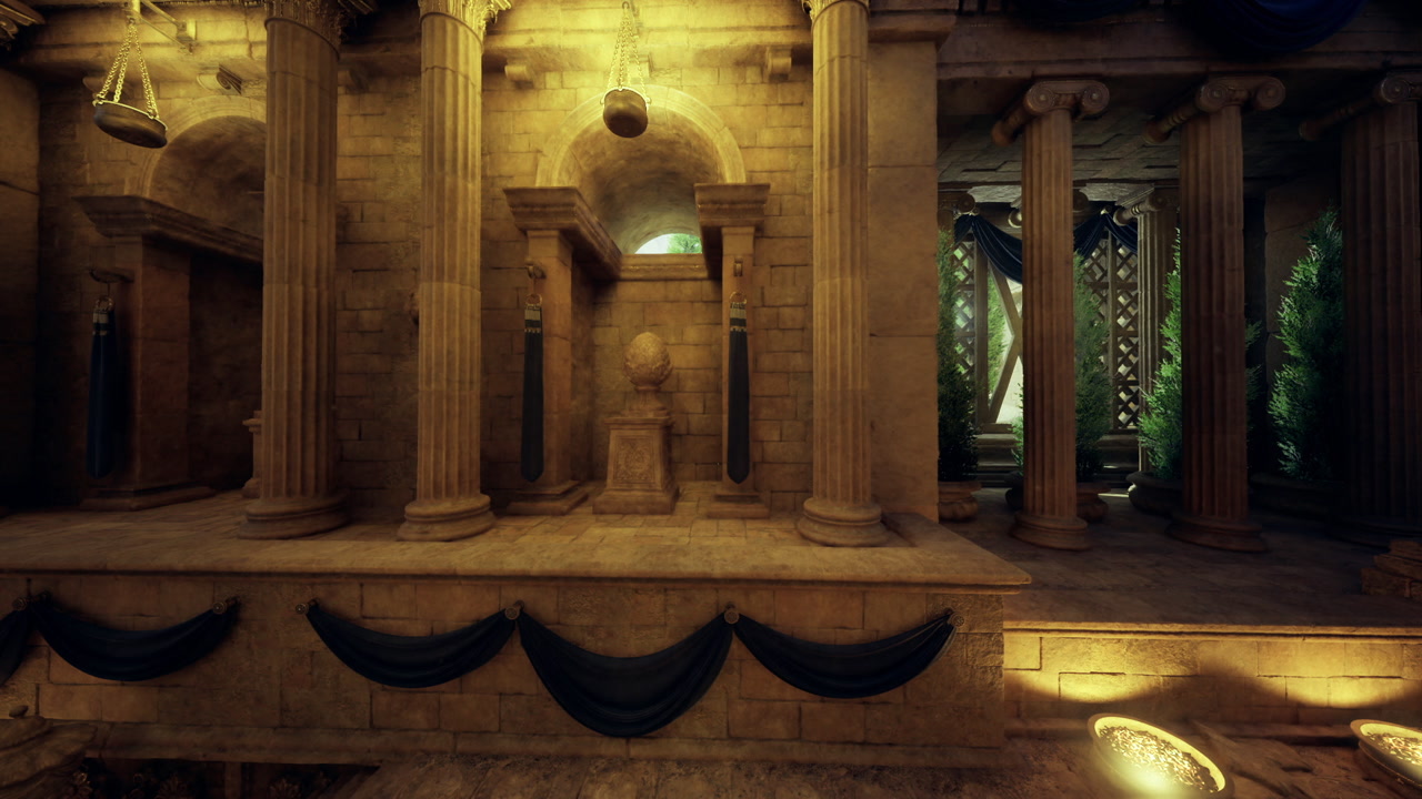 Ancient ceremonial space adorned with vibrant festival ornaments and lights