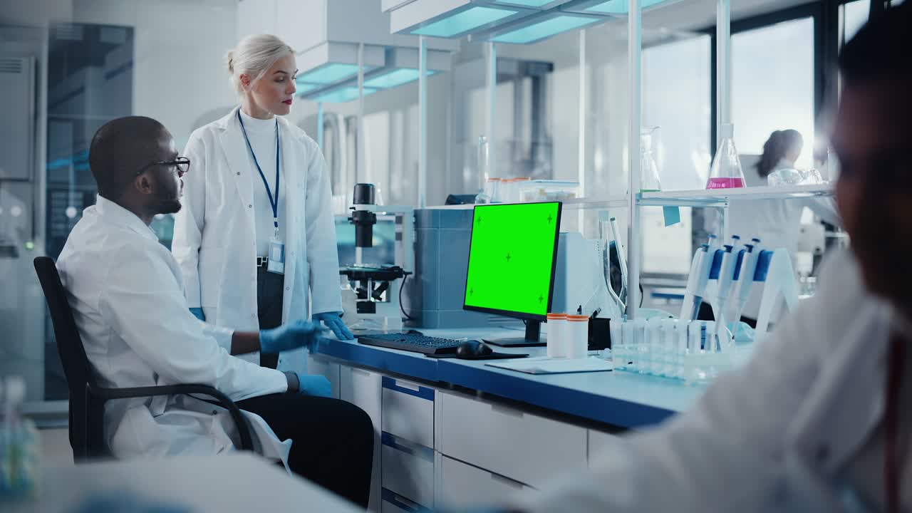 Modern Medical Research Laboratory: Two Scientists Use Computer with Green Chroma Key Screen, Specialists Discuss Innovative Technology. Advanced Scientific Lab for Medicine, Biotechnology