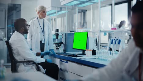 modern medical research laboratory: two scientists use computer with green chroma key screen, specialists discuss innovative technology. advanced scientific lab for medicine, biotechnology