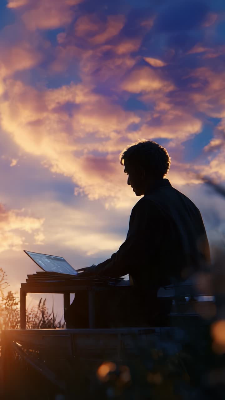 Figura in silhouette che lavora al portatile sullo sfondo di un cielo al tramonto con nuvole colorate, per enfatizzare la creatività in un ambiente naturale all'aperto