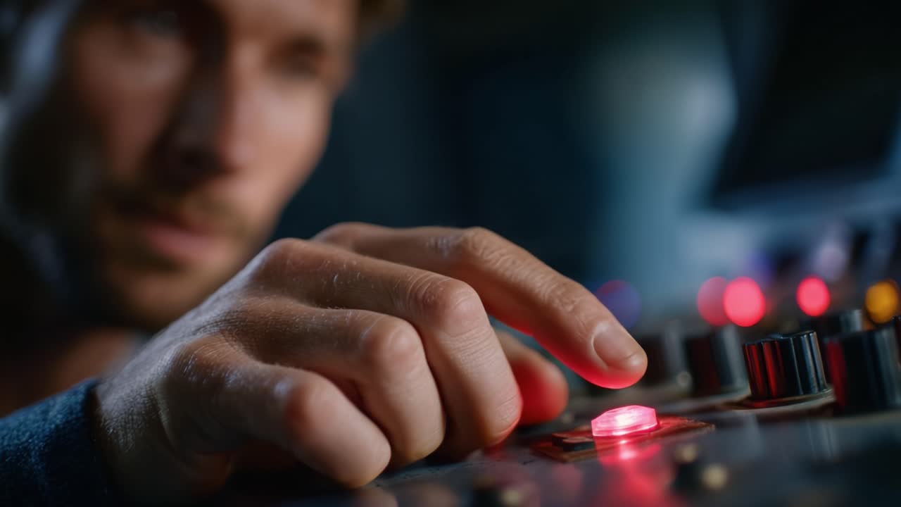 Close-Up of a Hand Pressing a Button on a Mixer, Capturing the Intensity of Sound Engineering in a Studio Environment, Symbolizing Creativity and Precision