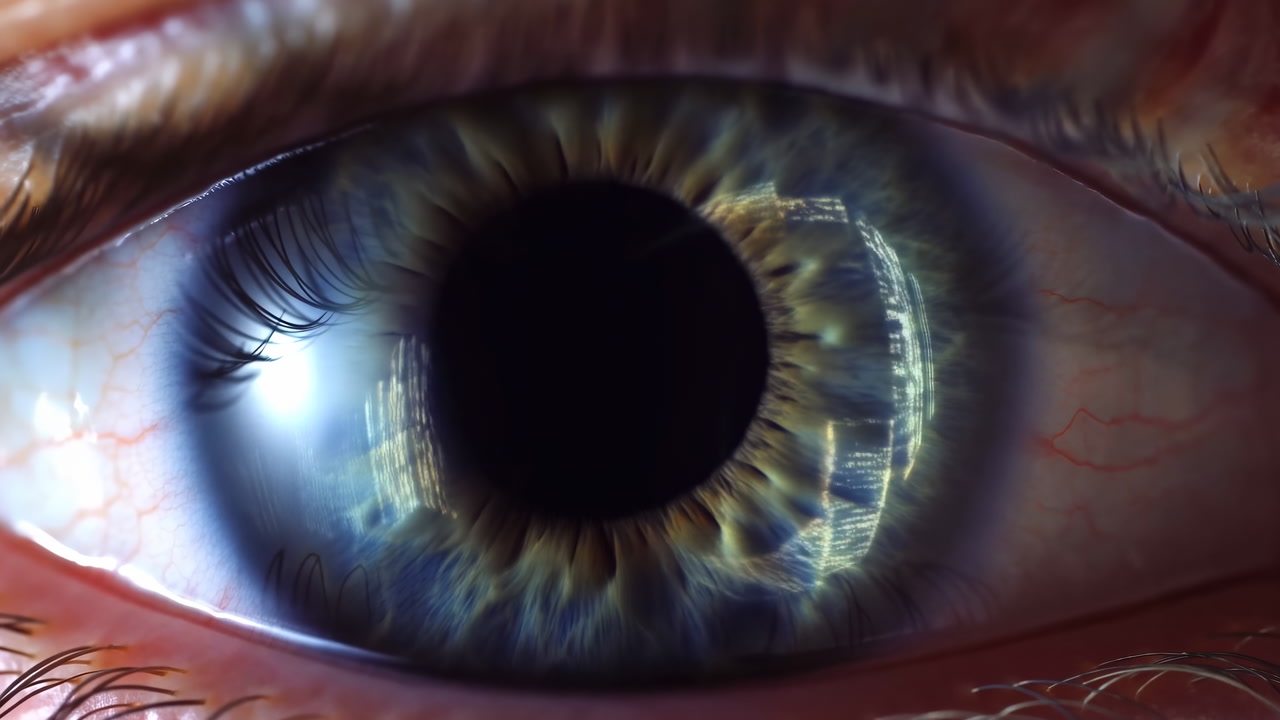 Macro Iris Closeup Showcasing Vibrant Teal Patterns, Intense Human Eye With Dilating Pupil, Sharp Eyelashes,