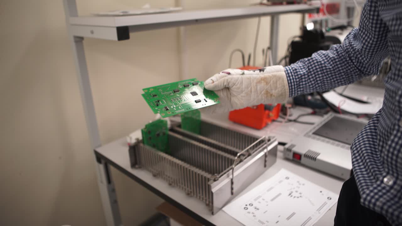 técnico electrónico que maneja placas de circuitos en un entorno de laboratorio