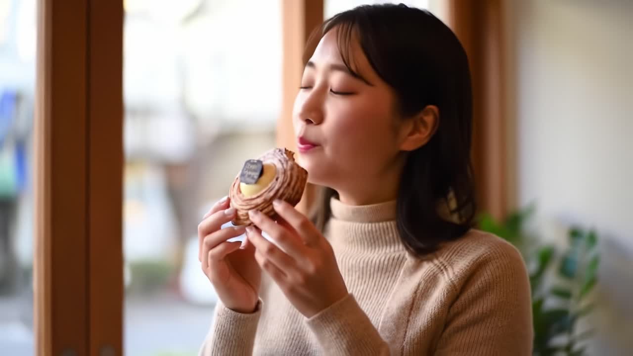 A Person Enjoys a Sweet Pastry, Savoring Every Bite in a Cozy Environment, Highlighting the Joy of Indulging in Delicious Treats and Bakery Delights