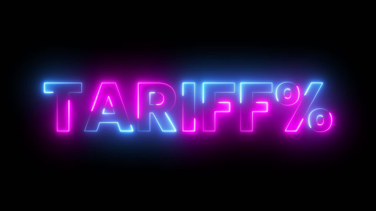 Neon Glowing 'TARIFF%' Text Flickering on Black Background