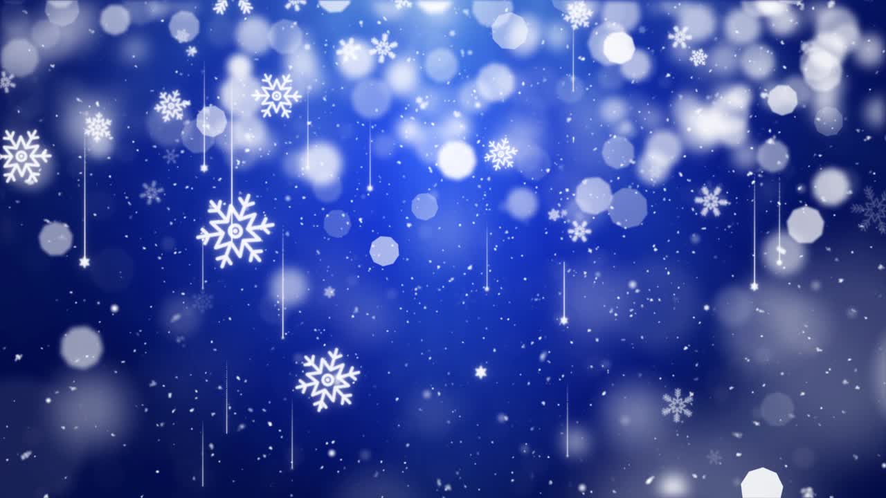 공중에서 날아다니는 파란색 눈송이 빛 눈송이 루프 배경 애니메이션.