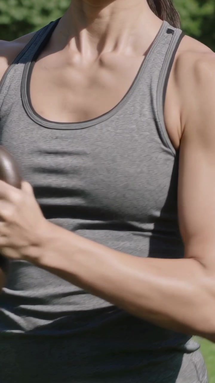 Video verticale: Donna in forma con canotta sportiva che solleva un kettlebell dal petto, allenandosi al parco per la forza.