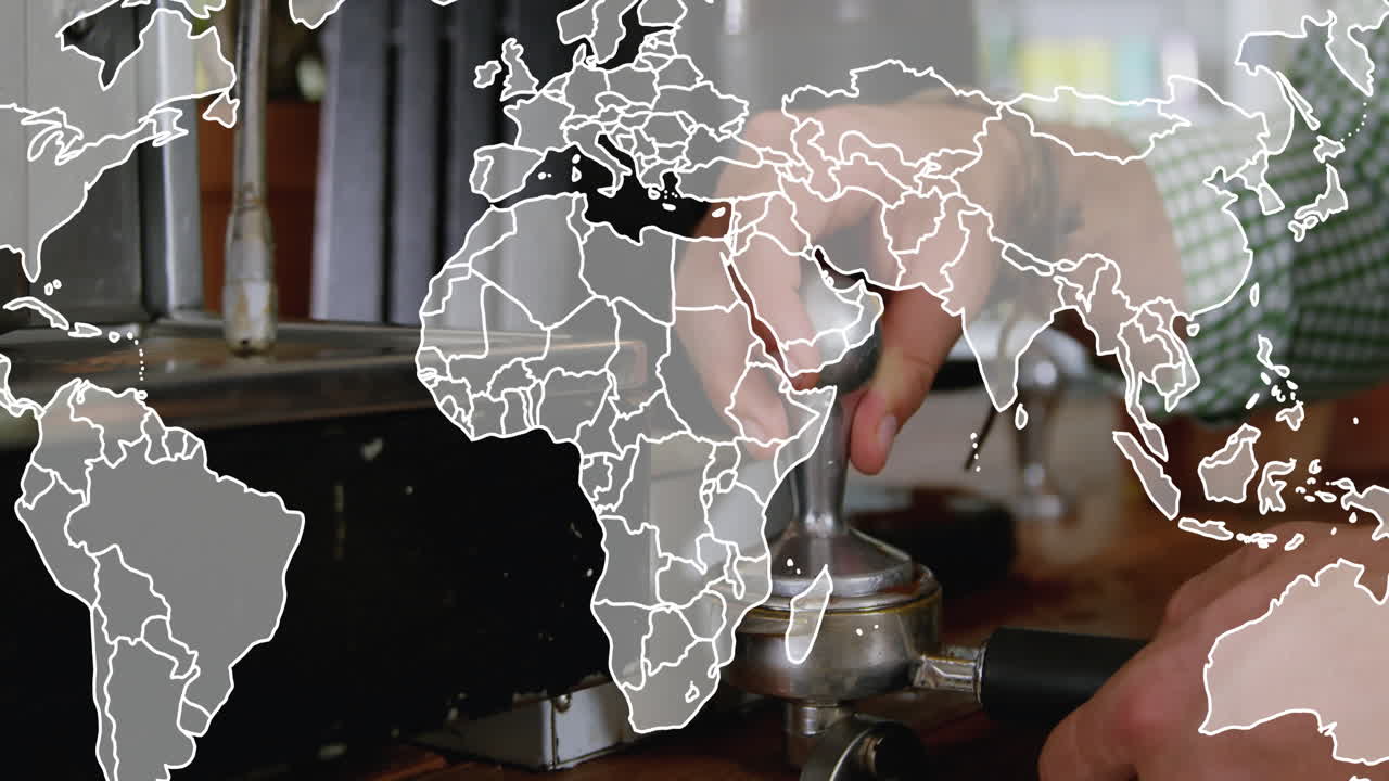 Barista hand pressing metal coffee tamper on portafilter, world map overlay guiding coffee trade