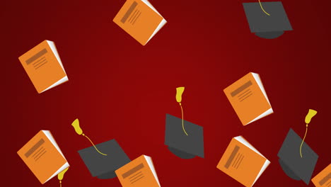 animation of graduation hats and book icons over red background
