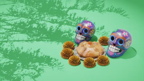 día de los muertos festival, dia de muertos, maqueta de diseño, méxico, portátil, calaveras, flores tradicionales y pastelería, fondo verde