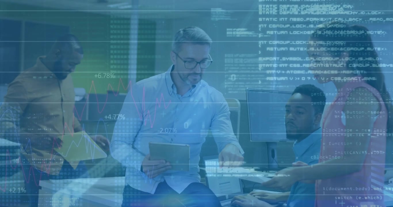 Animation of financial data processing over diverse business people in office