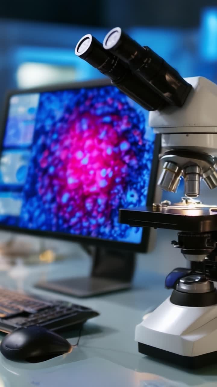 Advanced Laboratory Setting Featuring a High-Precision Microscope and Colorful Digital Screen Displaying Intricate Cellular Structures for Research and Analysis