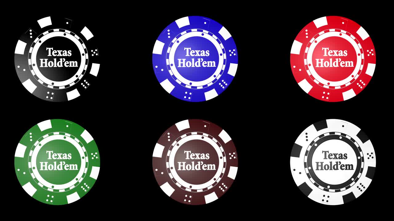 Fiches da poker con animazione di testo Texas Hold'em, sfondo, rendering, con canale alfa, loop.