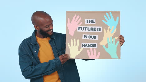 Pointing,-happy-and-a-black-man-with-a-sign