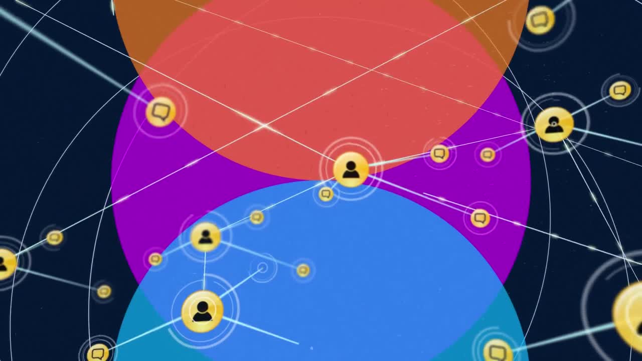 animación de la creciente red de iconos de personas conectadas, sobre tres círculos de colores, en negro