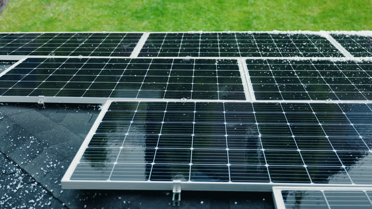 Solar Panels on a Roof During Rain and Snow