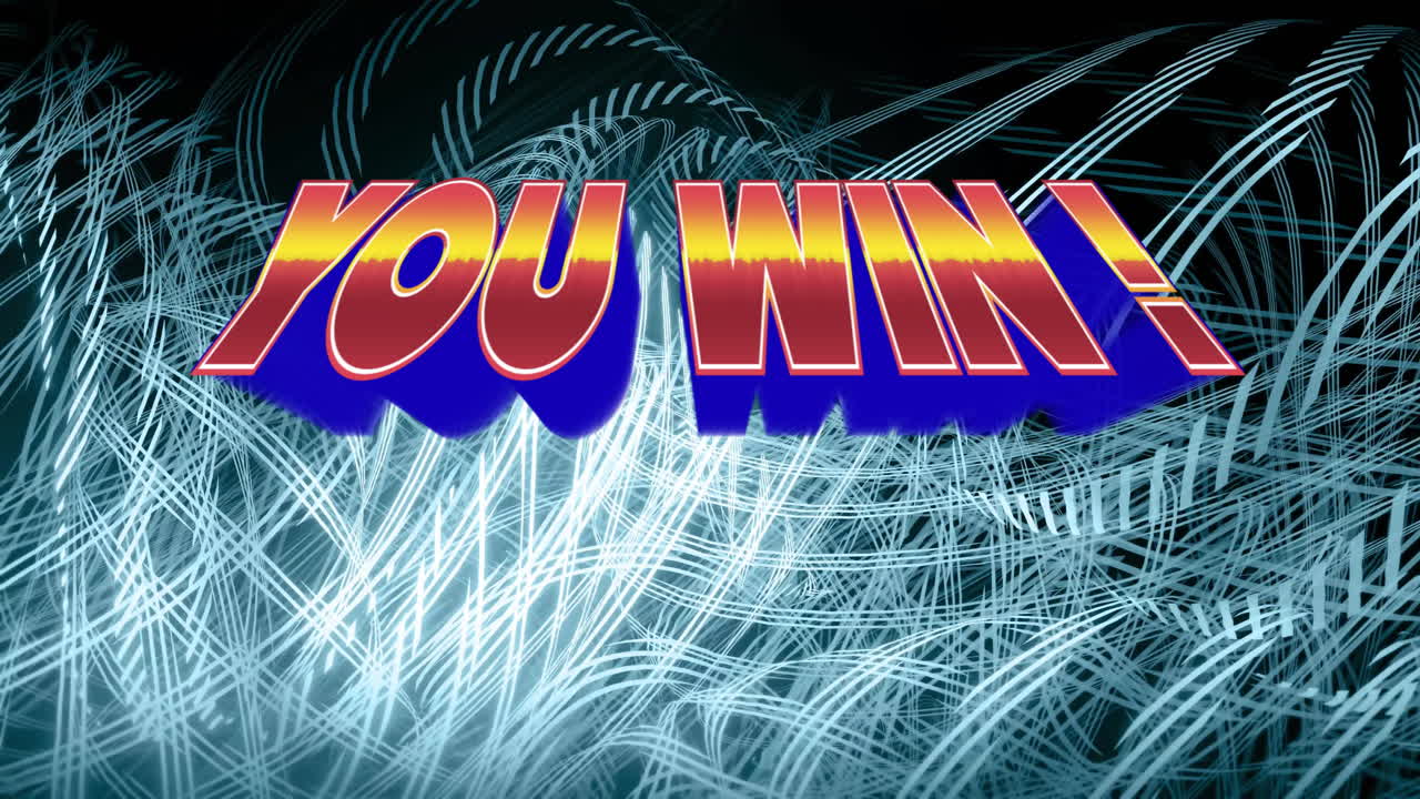 Animation of bold You win text over dynamic abstract light patterns