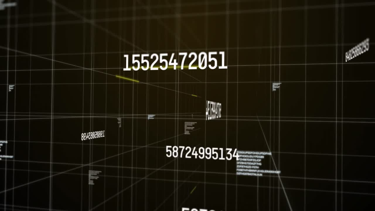 Animation of numbers changing and data processing on black background
