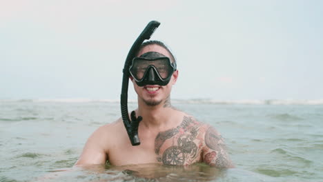 man with diving goggles on