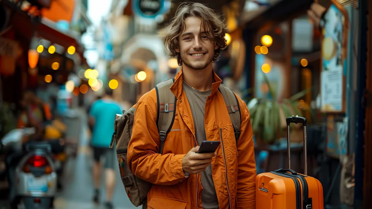 Traveler smiles in vibrant market street. A cheerful young man stands in a busy market street, holding a phone, with a suitcase beside him, surrounded by shops