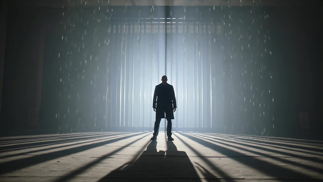 Standing man in long coat, boots facing light pouring through slatted gate at warehouse, with dust