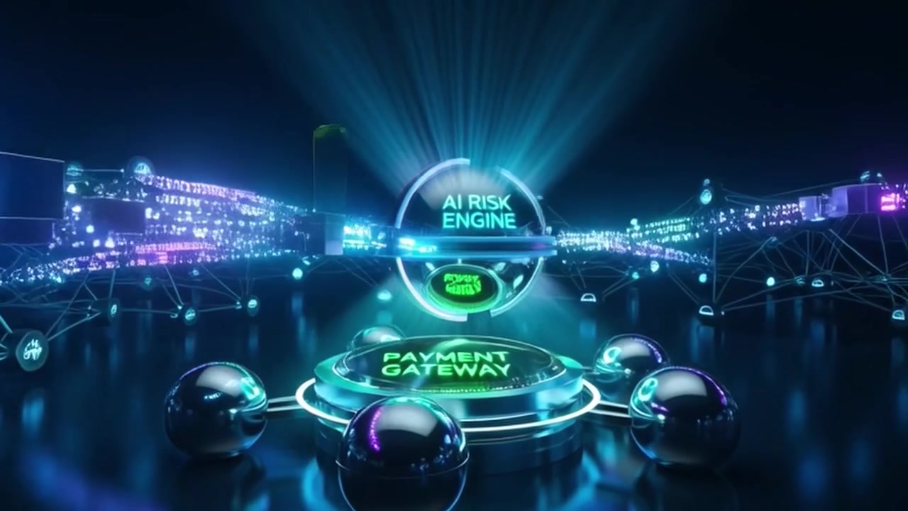 Visualizzazione di rete digitale di motore di rischio basato su IA e gateway di pagamento