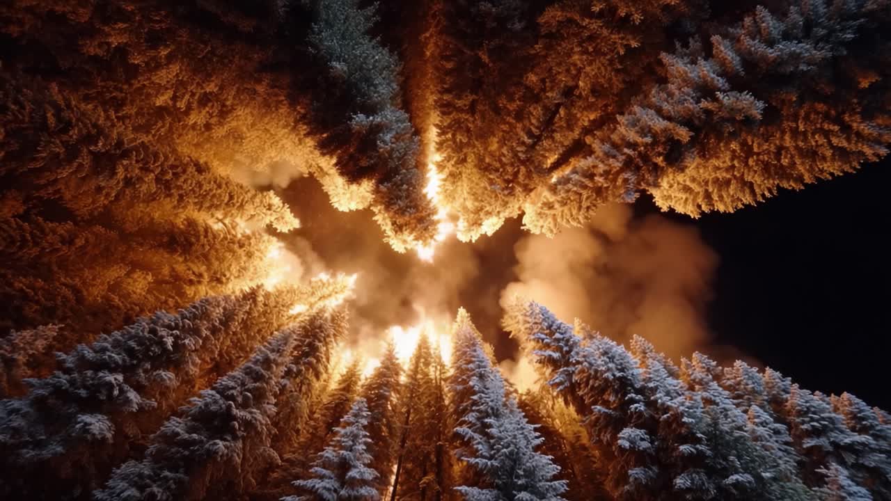 An Awe-Inspiring View of a Forest Ablaze: Flames Erupting Among Snow-Covered Trees Under a Smoky Night Sky, Capturing Nature's Fiery Fury and Beautiful Destruction