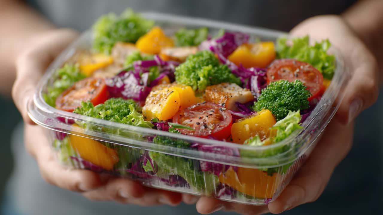 A Fresh, Colorful Salad Packed with Nutrients: A Healthy Meal Choice With Vibrant Vegetables and Green Lettuce, Perfectly Presented in a Plastic Container