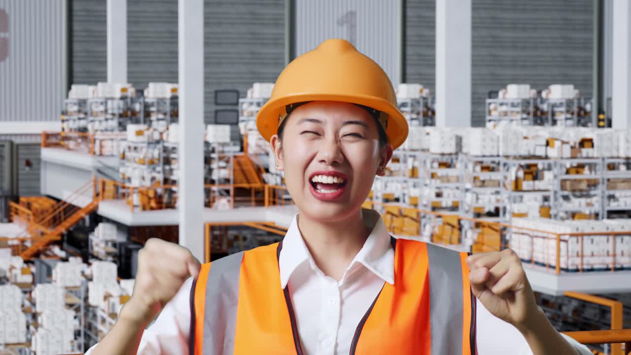 안전 헬을 입은 아시아 여성 엔지니어의 클로즈업 골과 춤을 치며 택배 상품으로 가득 찬 선반과 함께 창고에 서서 축하합니다.