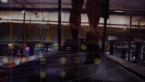 Animation-of-graphs-over-legs-of-african-american-man-exercising-at-treadmill