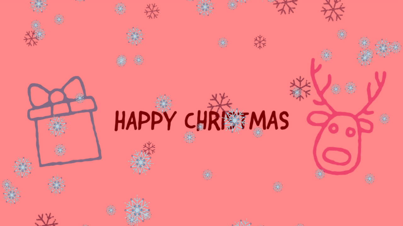 핑크색 배경에 아이콘이 있는 크리스마스 축하 텍스트 위에 눈송이의 애니메이션
