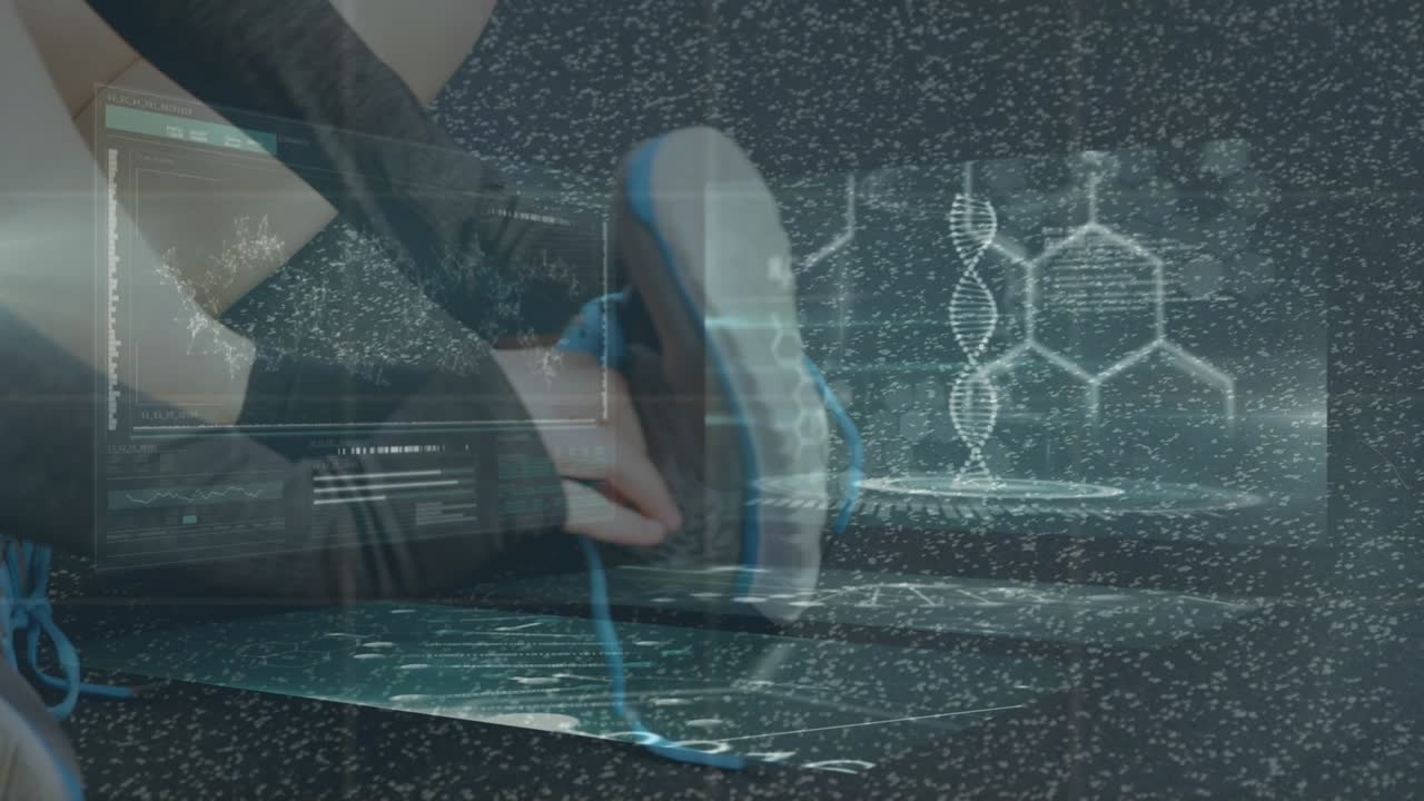 Animation of screen with scientific data and dna over legs of caucasian woman putting on shoes