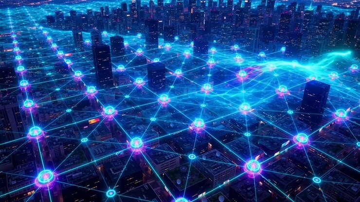 From high above a dark abstract city grid of blocky rooftops lies under a bright cyan mesh web connecting glowing nodes over each district