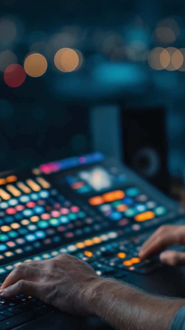 Dynamic Control Panel Interaction Demonstrates the Art of Audio Mixing with Vibrant Colors and Visual Feedback in a Music Production Environment