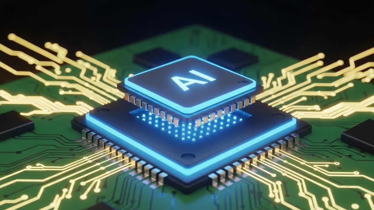 Illuminated AI processor chip on a circuit board with a network of connections, showcasing cutting-edge technology and the future of artificial intelligence in computing