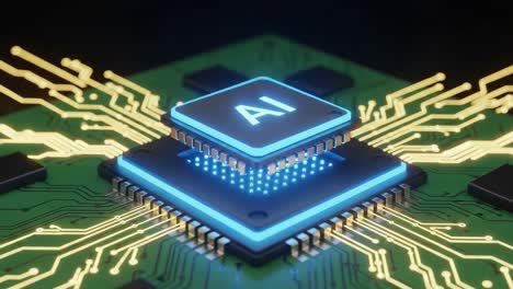illuminated ai processor chip on a circuit board with a network of connections, showcasing cutting-edge technology and the future of artificial intelligence in computing