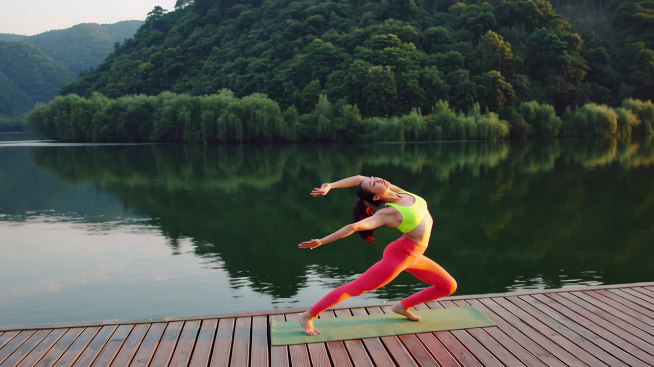 Gün batımında göl kenarında yoga yapan kadın