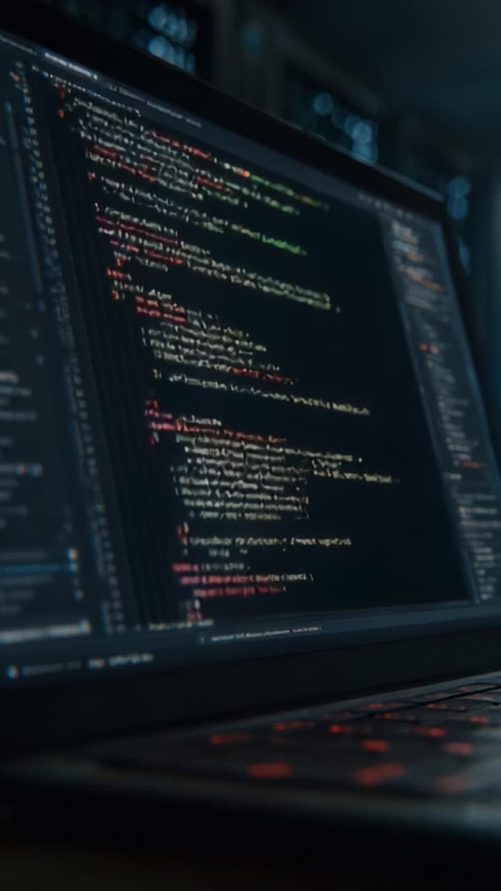 Exploring the Depths of Coding: A Close-Up View of a Laptop Screen Displaying Complex Code and Syntax in a Dimly Lit Environment