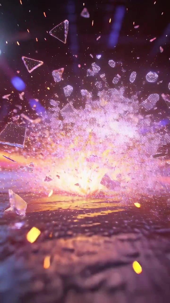 Vertical video: Glowing core causing faceted crystal bursting into shards above reflective floor