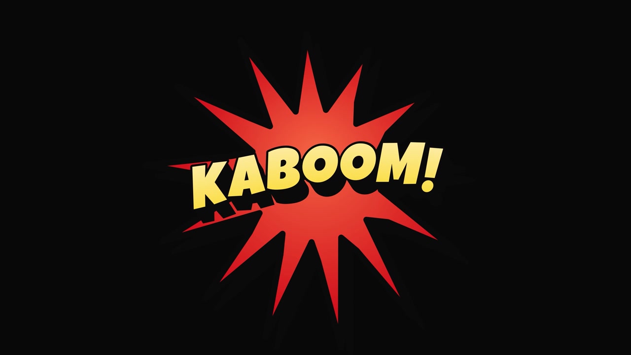 Tegneseriestil kaboom-tekst, der svæver og flyder i et takket udbrud på sort baggrund, popkunst onomatopoietikon, sømløs sløjfe.