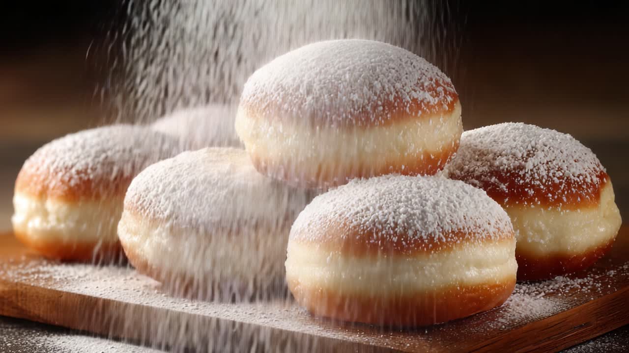 Köstlich-flauschiges Gebäck, mit Puderzucker bestäubt, perfekt auf einem Holzbrett arrangiert für eine unwiderstehliche Dessert-Präsentation